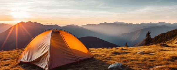 Fototapeta na wymiar tent at Mountain landscape at sunset, Generative AI