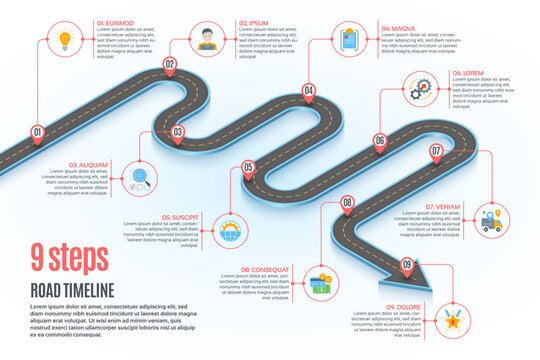 Isometric navigation map infographic 9 steps timeline concept. Winding road.