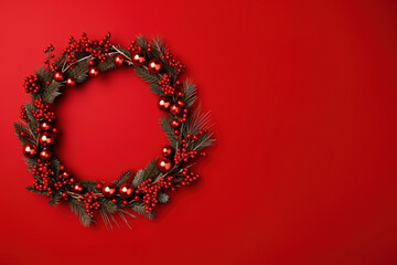 minimalistic red background with christmas wreath with empty copy space 