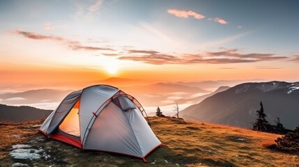 tent at Mountain landscape at sunset, Generative AI