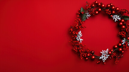 minimalistic red background with christmas wreath with empty copy space 
