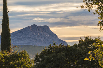 the Sainte Victoire mountain in the light of a cloudy autumn morning