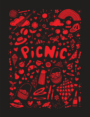 picnic vector illustration in neon red color on black background