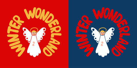 Winter retro groovy print design with angel in minimalistic childish style. Flat hand drawn slogan Winter Wonderland in round shape. Unique retro design for posters, shirt, printouts, greeting cards