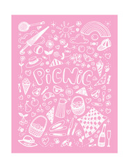 Fototapeta na wymiar Picnic linear vector illustration on pink