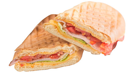 Sandwich with ham, cheese and tomatoes. Sandwich with sauce in a grilled white bun