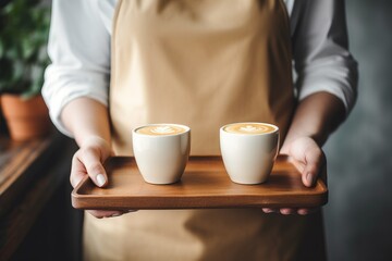 Barista wearing a apron is serving two hot coffees on wooden tray