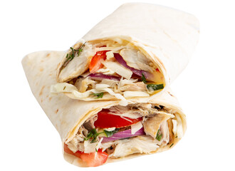 Pita roll with chicken and vegetables filling. Shawarma in pita bread stuffed with vegetables and meat