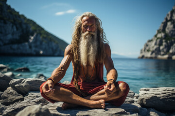 Senior yoga guru man with white beard and tattoo sitting in meditating, mindful living and healthy wellbeing concept. AI generative