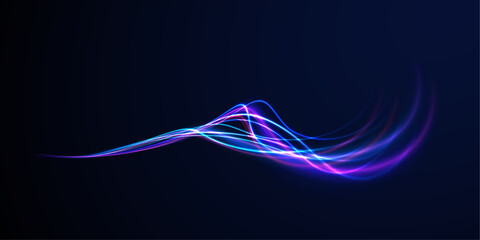   Lines in the shape of a comet against a dark background. Elegant bright neon linear wave. Abstract light lines of movement and speed with blue color and sparkles.  © ANATOLII
