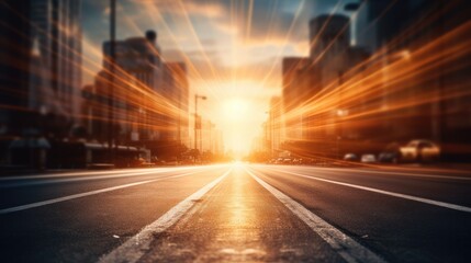 Road in the middle of asphalt road at sunset.