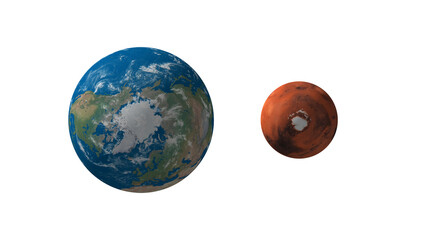 earth versus mars view from north pole , mars is 53 percent the size of earth  , 3d rendering illustration on transparent background © SN