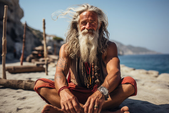 Senior yoga guru man with white beard and tattoo sitting in meditating, mindful living and healthy wellbeing concept. AI generative