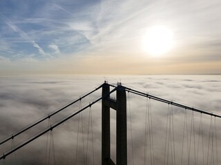 aerial view of the Humber Bridge in the morning mist over the river humber 