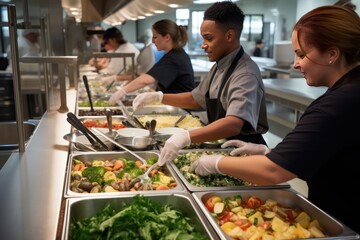 Embracing Climate Change: Group Prepares Plant-Based Meals at the Eco-Conscious Cafeteria - obrazy, fototapety, plakaty