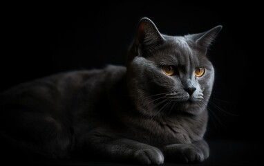 Obraz premium Studio portrait of relaxing dark gray cat on dark background. AI, Generative AI