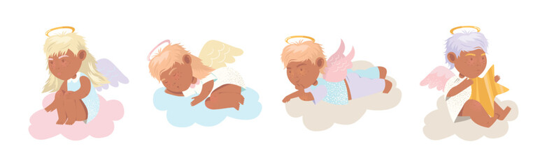 Cute Baby Angel Character with Wing and Nimbus Vector Set