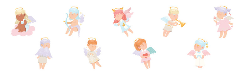 Cute Baby Angel Character with Wing and Nimbus Vector Set