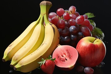 A composition of fruits three bananas, two grapes, one dragon fruit