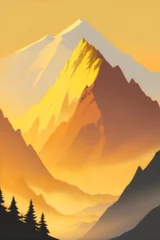 Fotobehang Misty mountains at sunset in yellow tone, vertical composition © Thanh
