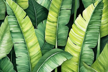 Seamless watercolor pattern depicting banana leaves. Generative AI