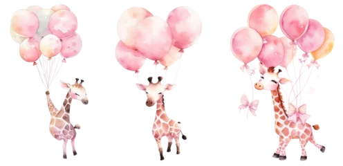 Tuinposter Pink cute little giraffe floating in the air with balloons. Baby girl Newborn or baptism invitation. children's book illustration style on transparent background © Mrs__DoubleF