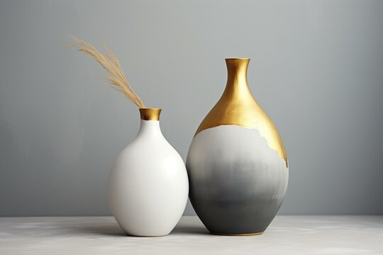 Vases with a light, table, gray background, white, gold, sitting, next to each other. Generative AI