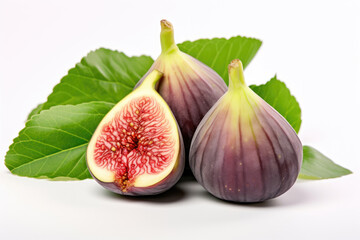 Ripe appetizing figs with green leaves on a white background