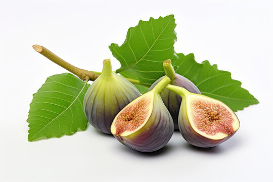Ripe appetizing figs with green leaves on a white background