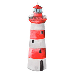 Hand drawn watercolor painting lighthouse red white scandi style. stylish isolated lighthouse for your business.