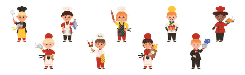 Little Children Chef Character in Toque and Uniform Cooking Meal Vector Set