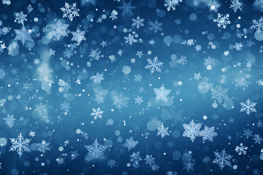 Winter snow background with snowflakes on blue sky, beautiful bokeh circles. Free space for text. generative Ai