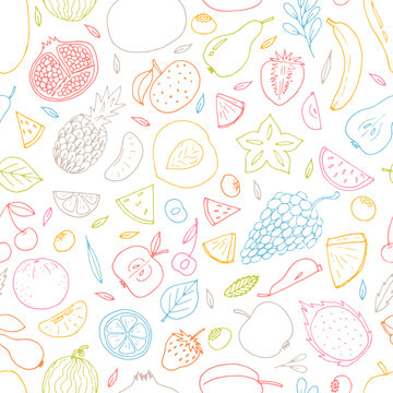 Hand drawn seamless pattern with summer fruits and berries. Healthy food background. Trendy textile print