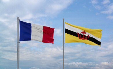 Brunei and France flags, country relationship concepts