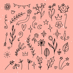 Set of hand drawn floral design elements. Flowers, branches, ribbons, stars. Rustic decor elements. Doodle