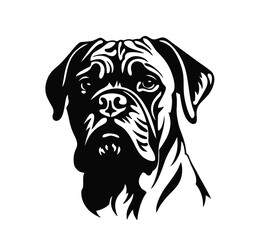 Vector isolated one single sitting Cane Corso Mastiff Bullmastiff dog head front view black and white bw two colors silhouette. Template for laser engraving or stencil, print for t shirt	