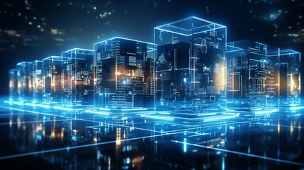 Digital informational technology web futuristic hologram with neon buildings, blue golden light digital background, digital computing. Abstract Motion of digital data flow. Generative AI