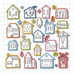 Set of hand drawn houses. Stickers. Collection of sketched buildings