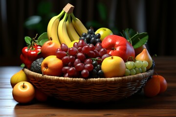 A woven basket brimming with a delightful assortment of fresh fruits
