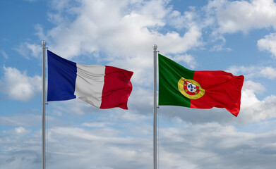 Portugal and France flags, country relationship concept