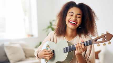 An African American girl practicing a musical instrument at home, her smile showing her dedication...