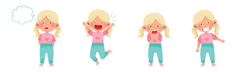 Little Blonde Girl Character with Facial Expression Vector Set