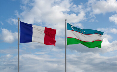 Uzbekistan and France flags, country relationship concept