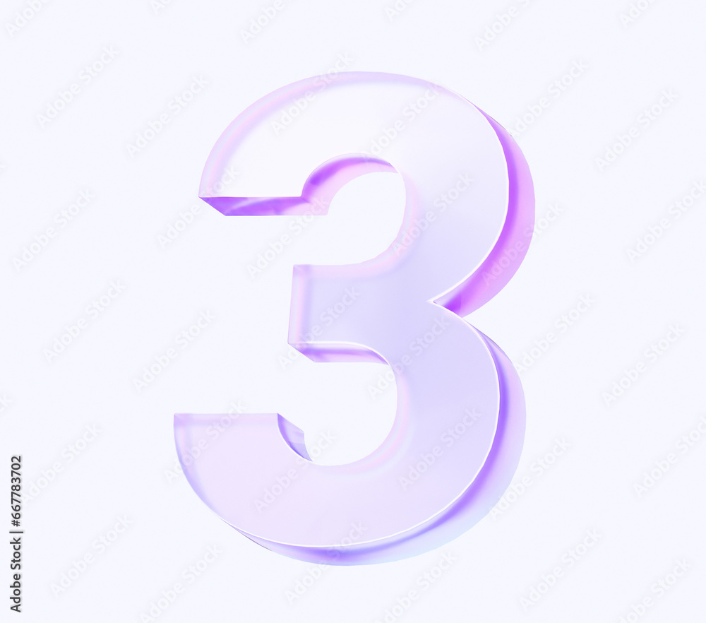 Fototapete number three with colorful gradient and glass material. 3d rendering illustration for graphic design, presentation or background