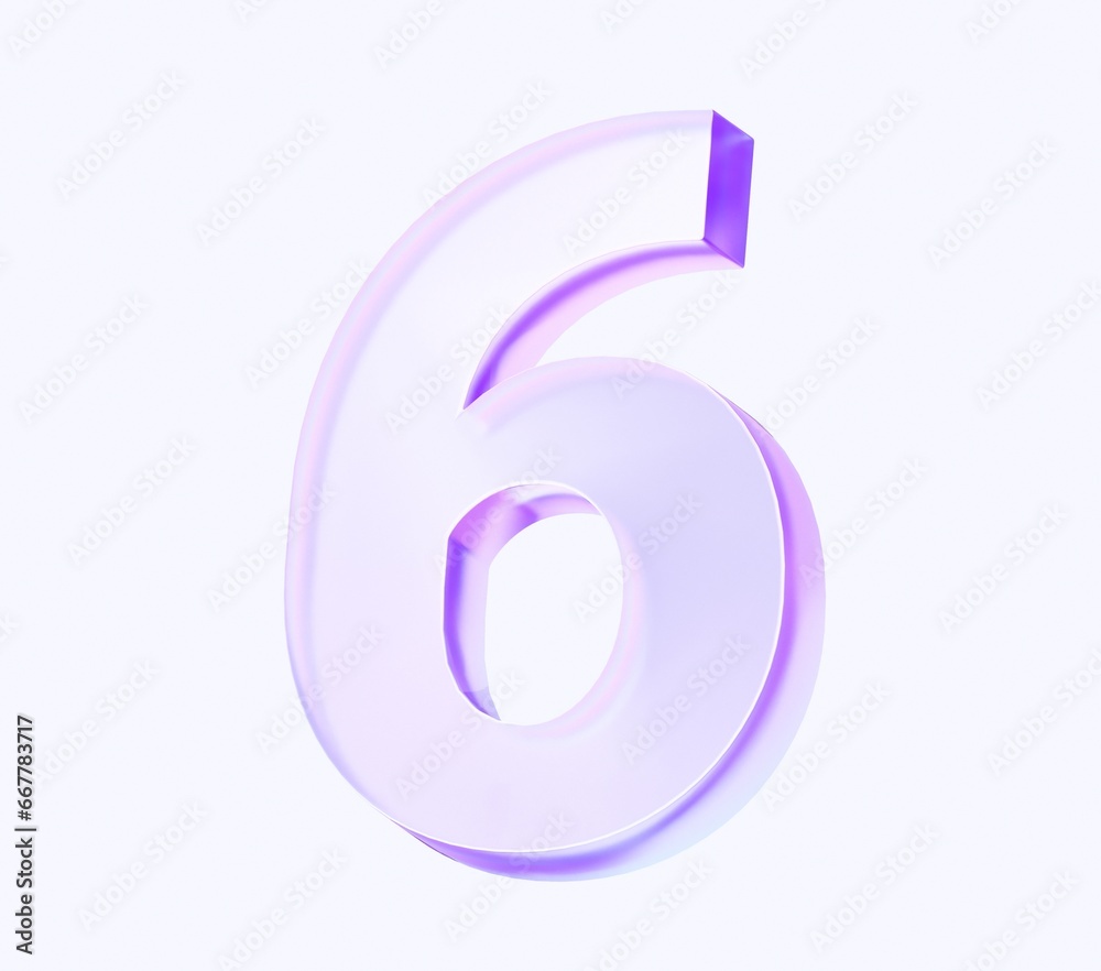 Fototapete number six with colorful gradient and glass material. 3d rendering illustration for graphic design, 