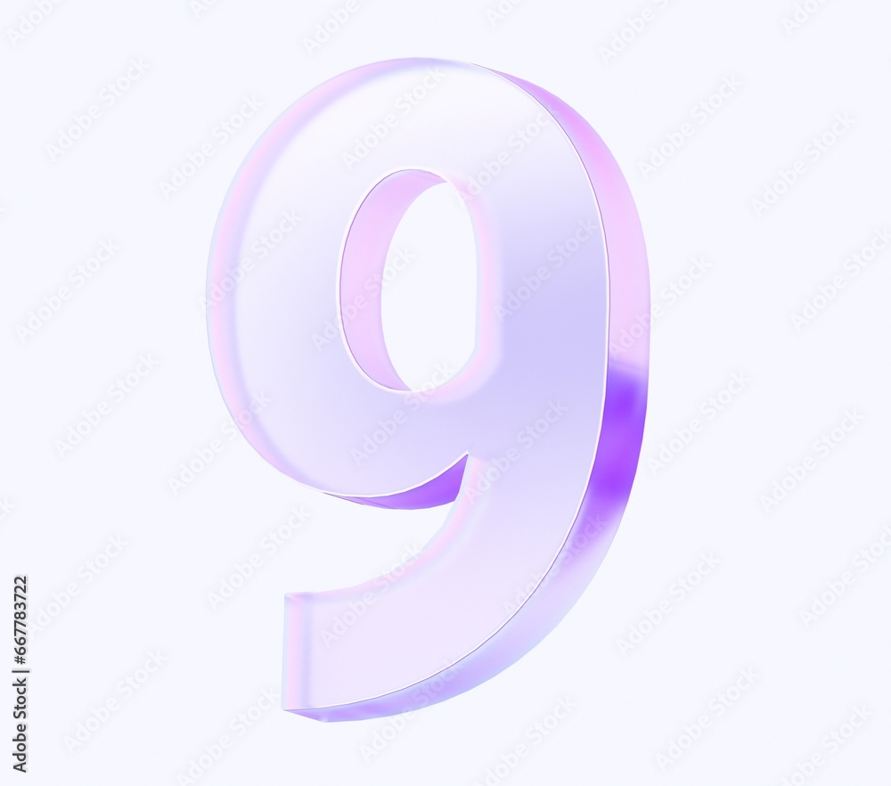 Fototapete number nine with colorful gradient and glass material. 3d rendering illustration for graphic design,