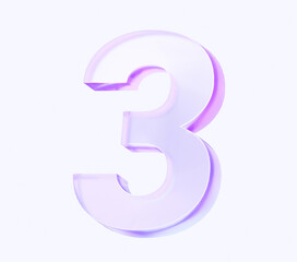 number three with colorful gradient and glass material. 3d rendering illustration for graphic design, presentation or background