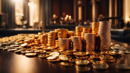 A collection of gold coins on a table. - obrazy, fototapety, plakaty