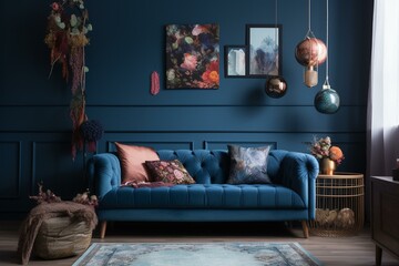 A blue couch with multiple pillows and a hanging wall decor adorned with various balls. Generative AI