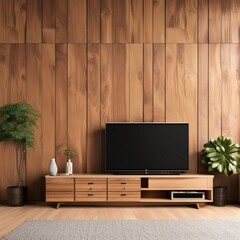 Cabinet TV in modern living room with decoration on wooden wall background, Generative AI
